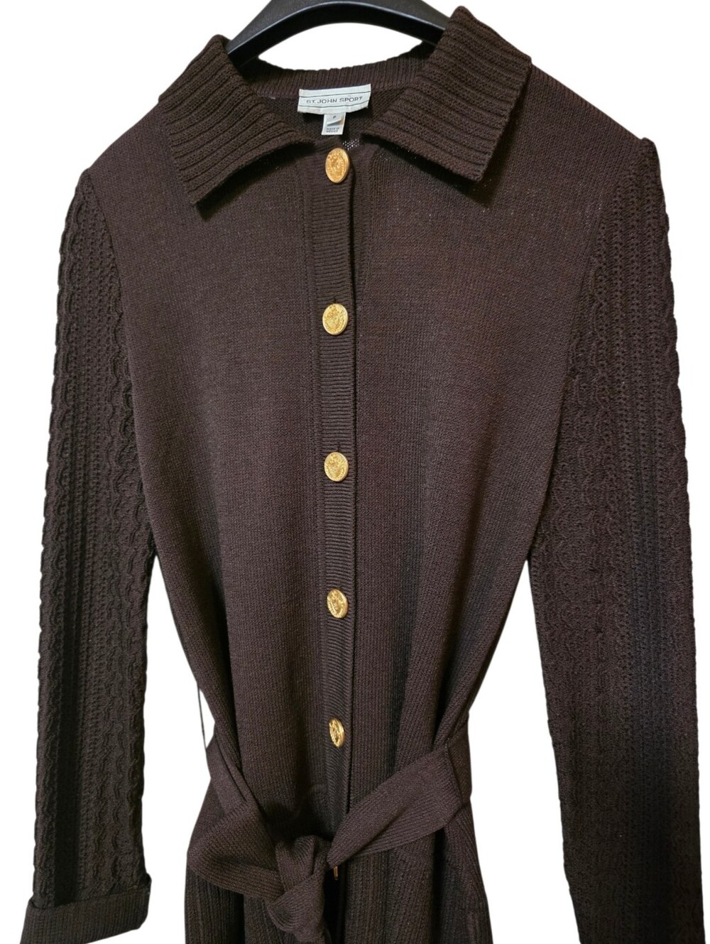 St. John Sport Brown Knit Button Down Tie Belted Cardigan - Picture 2 of 9